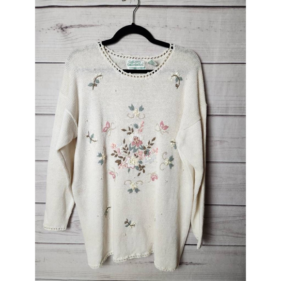 Colleens Collectables Womens Pullover Sweater White Floral Beaded Long‎ Sleeve M - Picture 1 of 5